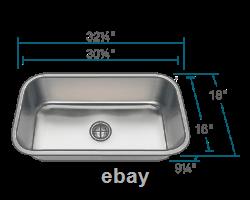 32 inch Undermount Stainless Steel Kitchen Sink Single Bowl with Drain Assembly