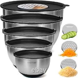 5 Stainless Steel Mixing Bowls with Lids & 3Graters Non Slip Silicone Base Black
