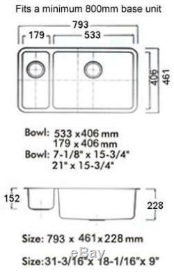 793 x 461mm Brushed Undermount 1.5 Bowl Stainless Steel Kitchen Sink (D02R)