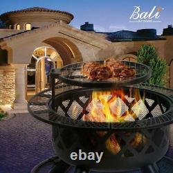 BALI OUTDOORS 32in Wood Burning Patio Round Fire Pit Backyard Grill Set NEW