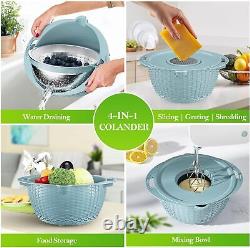 Colanders Food Strainers Stainless Steel Rotatable Kitchen Colander Bowl Blue