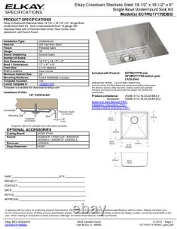 Elkay ECTRU17179DBG Crosstown Single Bowl Undermount Stainless Steel Sink Kit