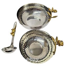 Handmade Hammered Silver & Gold Bowl Set Of 2 & Spoon Flower Design Decorative