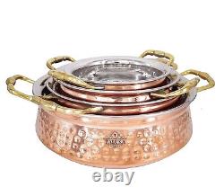 Handmade Stainless Steel & Copper Handi Bowl Indian Food Dish Serving Set of 4