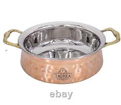 Handmade Stainless Steel & Copper Handi Bowl Indian Food Dish Serving Set of 4
