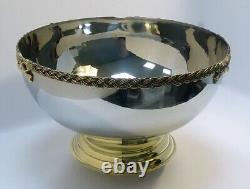 Handmade Stainless Steel Large Serving Bowl with Brass Beaded Rim and Brass Base