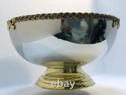 Handmade Stainless Steel Large Serving Bowl with Brass Beaded Rim and Brass Base