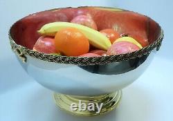 Handmade Stainless Steel Large Serving Bowl with Brass Beaded Rim and Brass Base