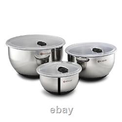 HexClad Stainless Steel Mixing Bowl Set, 3-Piece with Vacuum Seal Lids and No