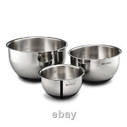 HexClad Stainless Steel Mixing Bowl Set, 3-Piece with Vacuum Seal Lids and No