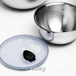 HexClad Stainless Steel Mixing Bowl Set, 3-Piece with Vacuum Seal Lids and No