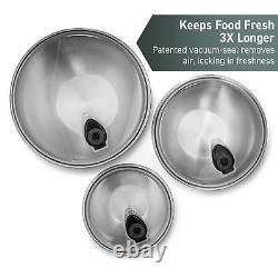 HexClad Stainless Steel Mixing Bowl Set, 3-Piece with Vacuum Seal Lids and No