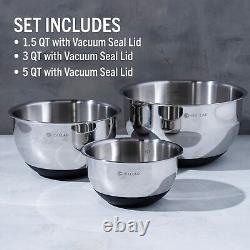 HexClad Stainless Steel Mixing Bowl Set, 3-Piece with Vacuum Seal Lids and No