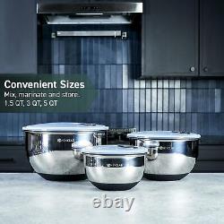 HexClad Stainless Steel Mixing Bowl Set, 3-Piece with Vacuum Seal Lids and No