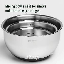 HexClad Stainless Steel Mixing Bowl Set, 3-Piece with Vacuum Seal Lids and No