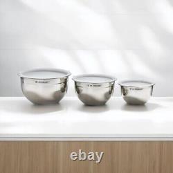 LE CREUSET Stainless Steel Set of 3 Mixing Bowls with Lids Silicone Base BNWT