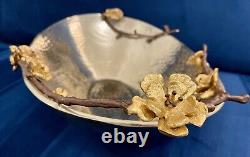 Michael Aram oval silver serving bowl with twigs and golden orchid