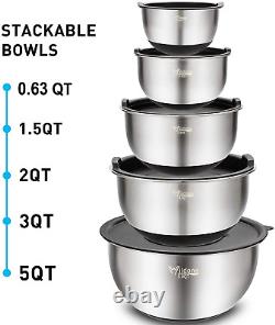 Mixing Bowls Set of 5, Stainless Steel Nesting Bowls with Airtight Lids, 3 Grate