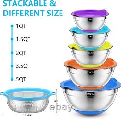 Mixing Bowls with Airtight Lids & Colander, 6Pcs Colorful Stainless Steel Metal