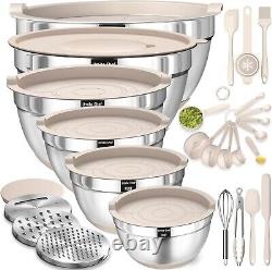 Mixing Bowls with Airtight Lids Set, 26PCS Stainless Steel Khaki Bowls with Grat