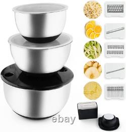Mixing Bowls with Lids and 5 Slicer, Set of 3 Steel Salad Bowls with Graters for