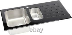 Modern Kitchen Stainless Steel 1.5 Bowl Sink RH Drainer 8mm Black Glass Surround