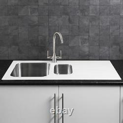 Modern Stainless Steel 1.5 Bowl Kitchen Sink White 8mm Glass Surround Drainer