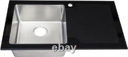 Modern Stainless Steel Single Bowl Kitchen Sink 8mm Black Glass Surround Drainer