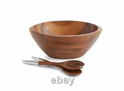 Nambe MT1116 Eclipse Acacia Wood Salad Bowl with Servers (12.5) Brown Silver