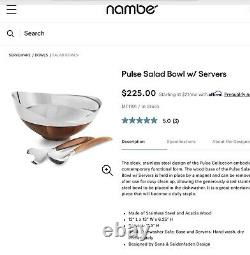 Nambe Pulse Collection Salad Bowl with Servers, 13.66 Inch Brown & Silver