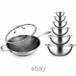 NutriChef Stainless Steel Nonstick Cooking Wok with Food Prep Mixing Bowl Set