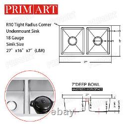 Primart 27x16 Inch Double Bowl Stainless Steel Undermount Kitchen Sinks RV Sink