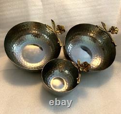 (Set of 3) Hand Made Hammered Silver Metal Bowl with Gold Leaves & Flowers