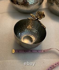 (Set of 3) Hand Made Hammered Silver Metal Bowl with Gold Leaves & Flowers