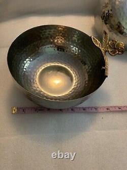 (Set of 3) Hand Made Hammered Silver Metal Bowl with Gold Leaves & Flowers