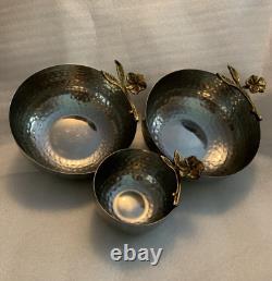 (Set of 3) Hand Made Hammered Silver Metal Bowl with Gold Leaves & Flowers