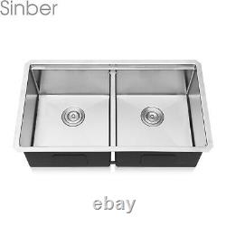 Sinber 33" 16 Gauge 304 Stainless Steel Double Bowl Undermount Kitchen SInk 8PCS 