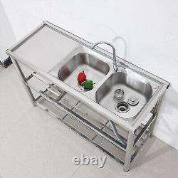 Sink Bowl Stainless Steel Kitchen Two-Bowl Catering Prep Table Commercial Home