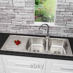 Stainless Steel 2 Bowl Double Kitchen Sink Reversible Drainer Inset + FREE Waste