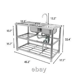 Stainless Steel Kitchen Sinks Rectangular Double Bowls & Faucet Commercial Use