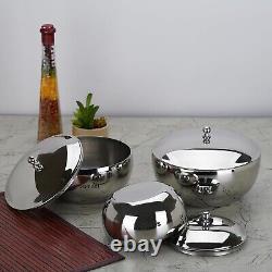 Stainless Steel Mirror Finish Dinner Ware Server Bowl Set with Lid, Set of 3 Pcs