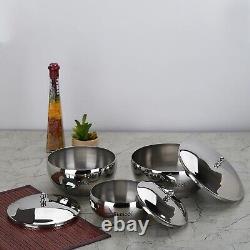 Stainless Steel Mirror Finish Dinner Ware Server Bowl Set with Lid, Set of 3 Pcs