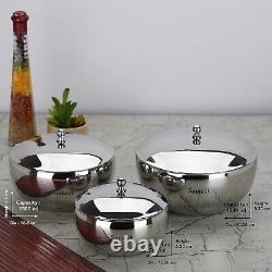 Stainless Steel Mirror Finish Dinner Ware Server Bowl Set with Lid, Set of 3 Pcs