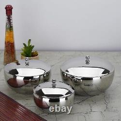 Stainless Steel Mirror Finish Dinner Ware Server Bowl Set with Lid, Set of 3 Pcs