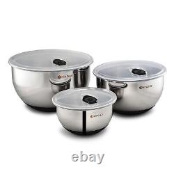 Stainless Steel Mixing Bowl Set, 3-Piece with Vacuum Seal Lids and Non-Slip B