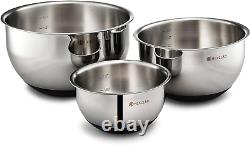 Stainless Steel Mixing Bowl Set, 3-Piece with Vacuum Seal Lids and Non-Slip Base