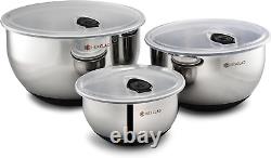 Stainless Steel Mixing Bowl Set, 3-Piece with Vacuum Seal Lids and Non-Slip Base