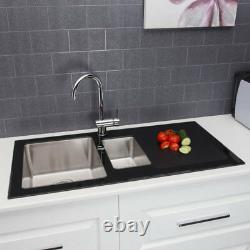 Stainless Steel Modern 1.5 Bowl Kitchen Sink 8mm Black Glass Surround RH Drainer