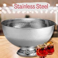 Tablecraft Hammered Pedestal Punch Bowl, Large Silver Stainless Steel