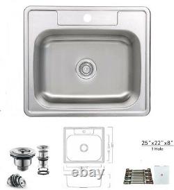 Top Mount Drop In Stainless Steel Single Bowl Kitchen Sink 25 x 22 x 8 1Hole